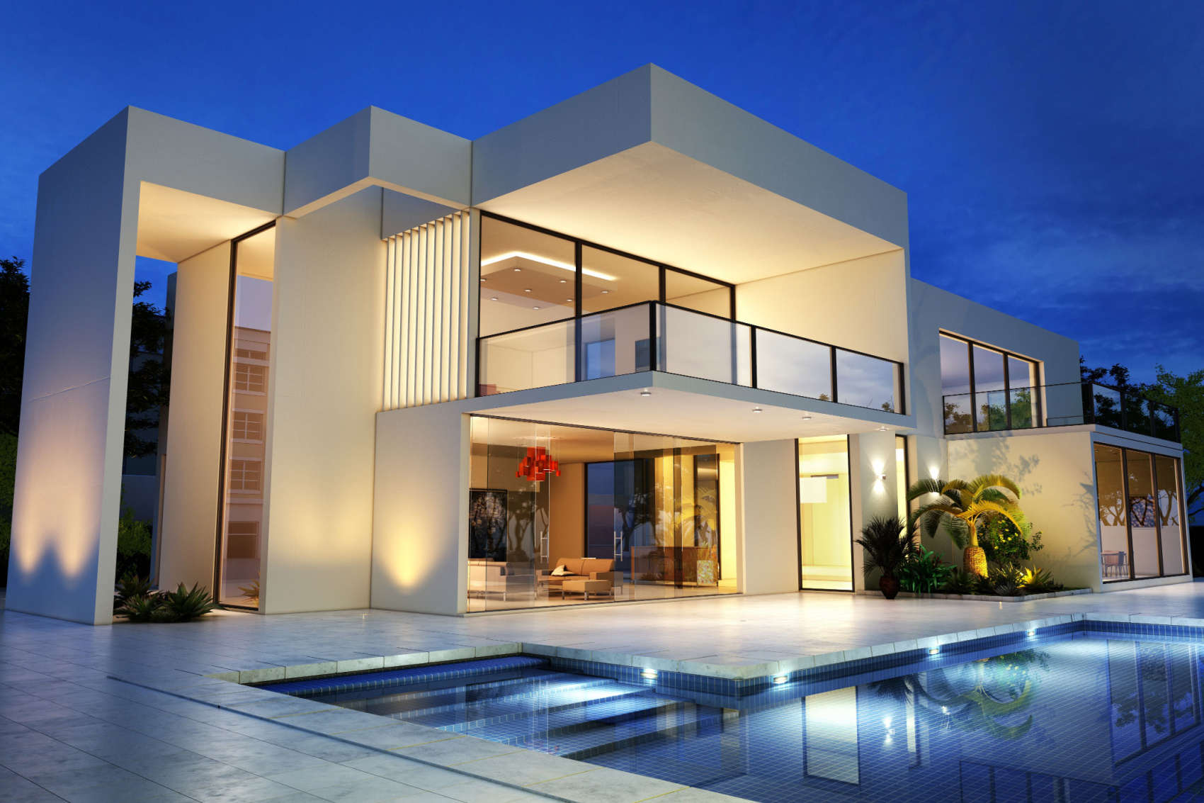 Image a the evening of a luxury house at with a swimming pool.